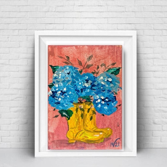 Rain Boot Painting Hydrangea Original Art Canvas Floral Artwork - Picture 3 of 10